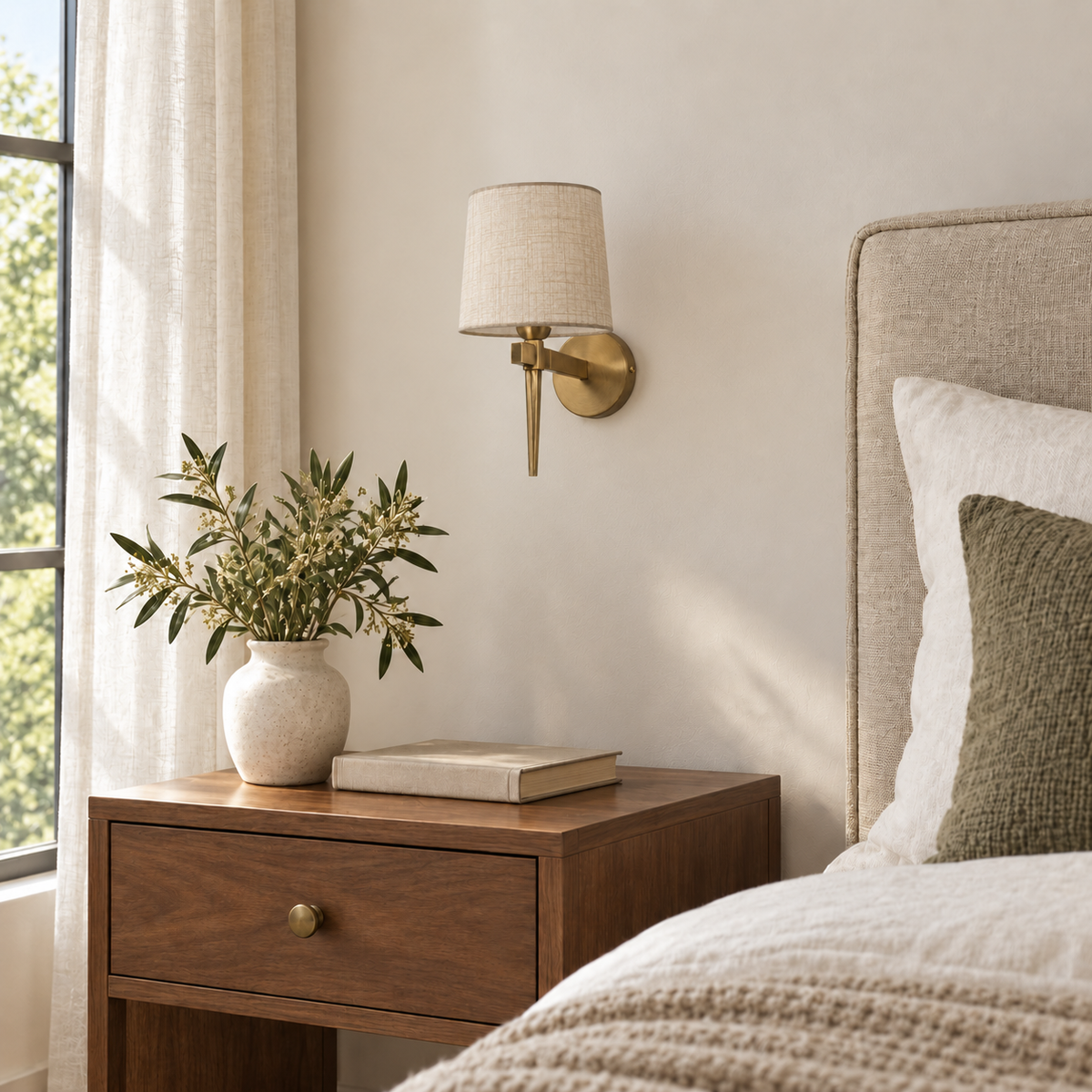 Tapered Stem Drum Shade Wall Light above a wood bedside table beside an upholstered bed in daylight, switched off