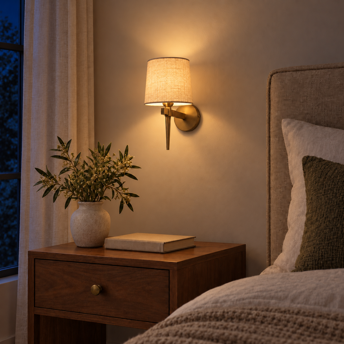 Tapered Stem Drum Shade Wall Light above a wood bedside table beside an upholstered bed at night, illuminated