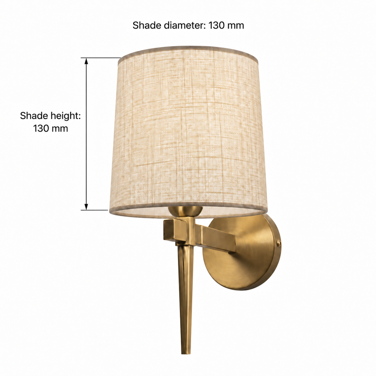 Tapered stem drum shade wall light dimension guide stating shade diameter 130 mm and showing shade-only height 130 mm