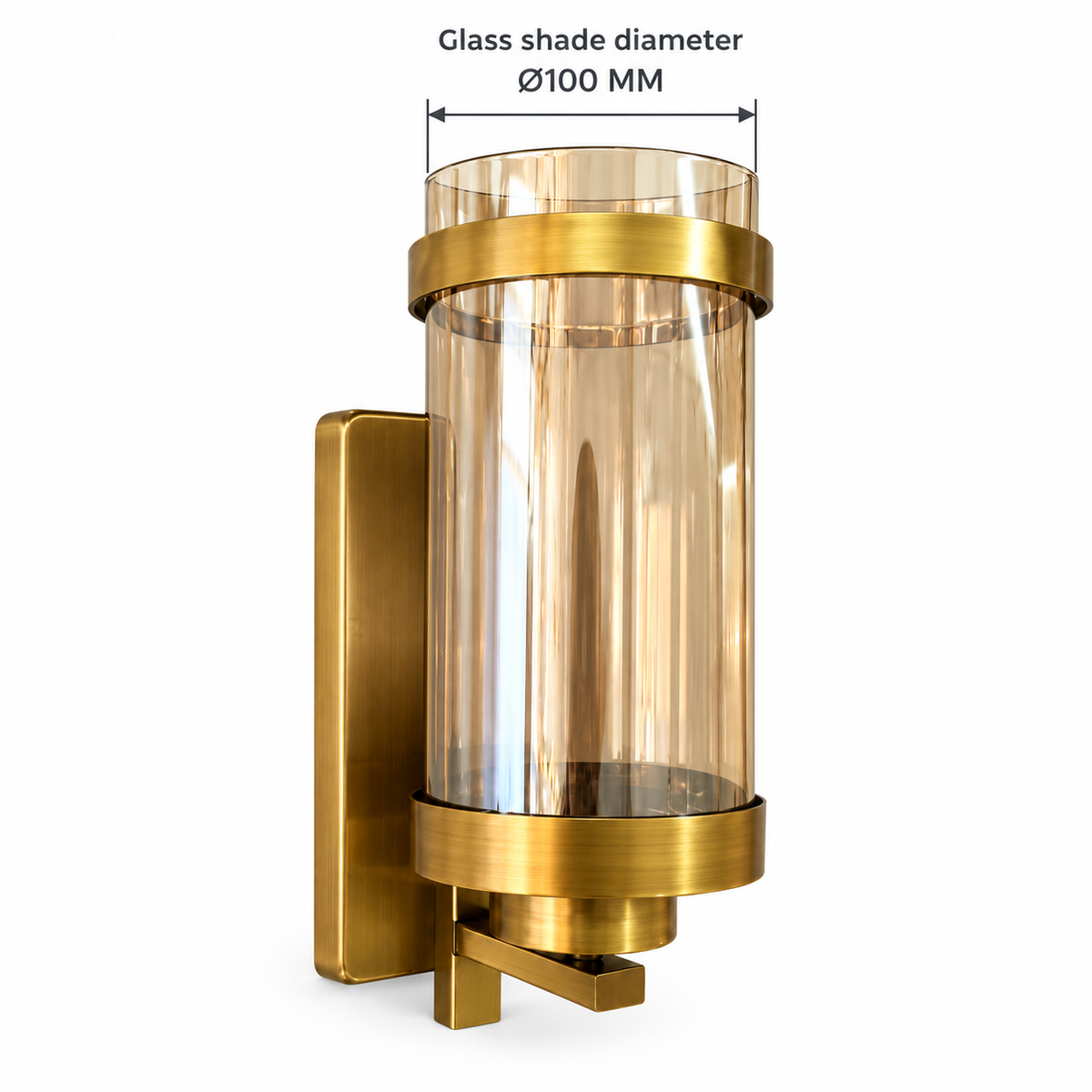 Amber glass twin-band wall light dimension diagram showing the glass shade diameter only: 100 mm.