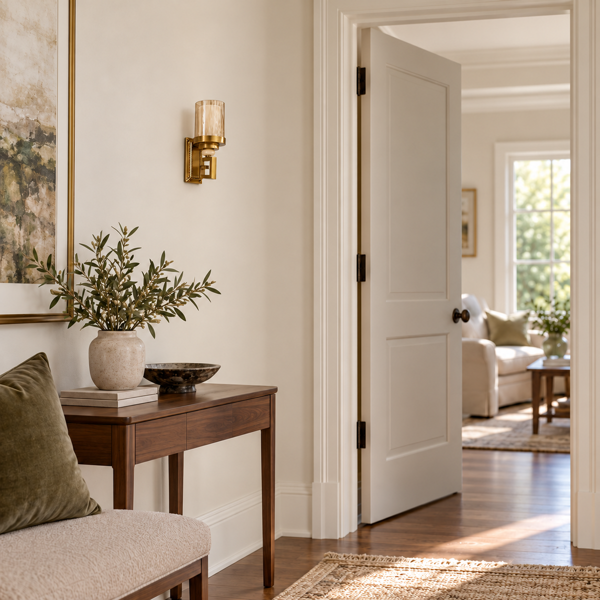 Amber glass ornate-backplate wall light switched off above a console beside a bench and open doorway in daylight.
