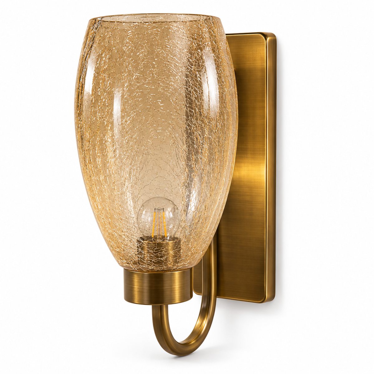 Amber crackle glass tulip wall light with a short curved arm and rectangular backplate, switched off on a white background.