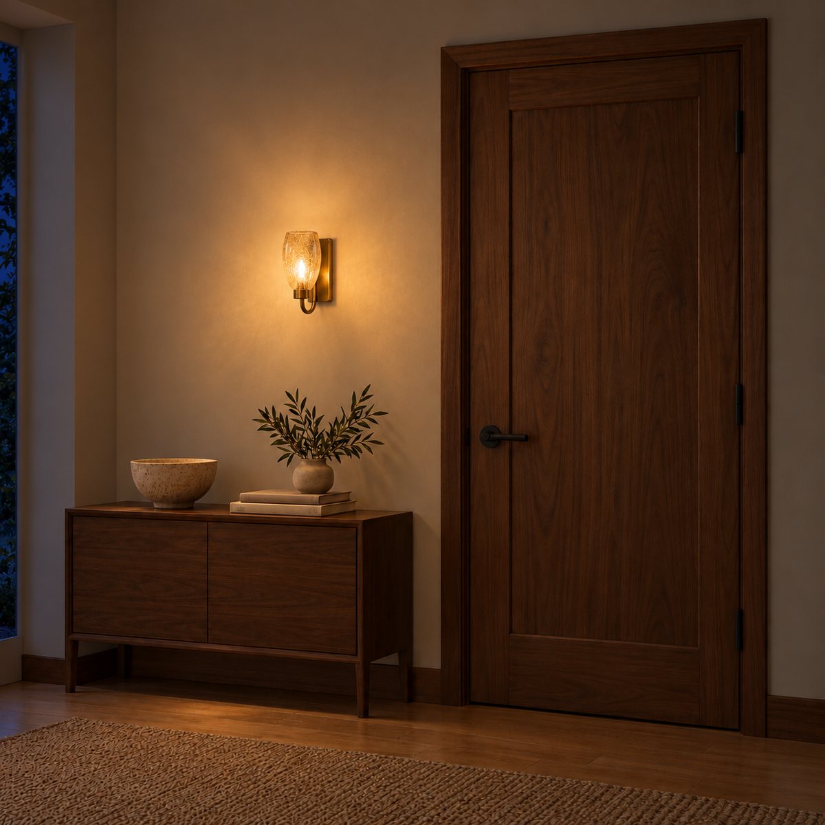 Amber crackle glass tulip wall light illuminated above a wooden cabinet beside a wooden door at night.