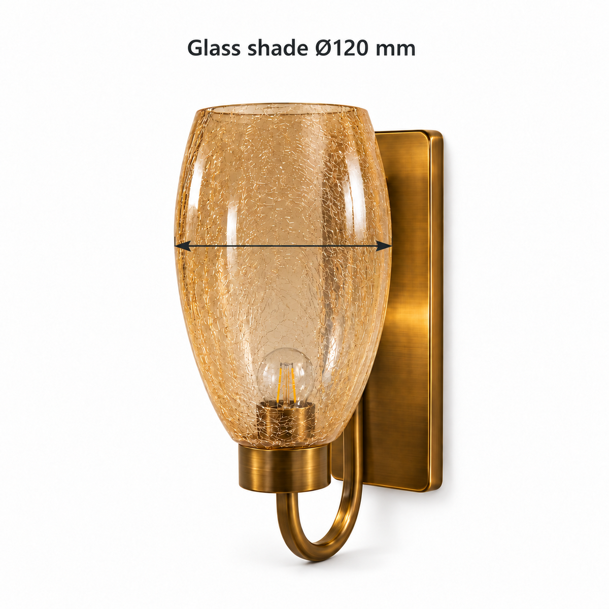 Amber crackle glass tulip wall light dimension diagram showing the glass shade diameter only: 120 mm at the widest point.