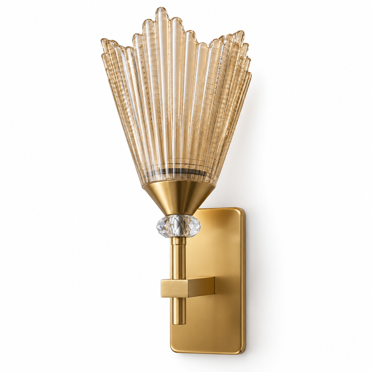 Fluted amber crown wall light with a pointed scalloped rim, clear faceted accent and rectangular backplate, switched off on a white background.