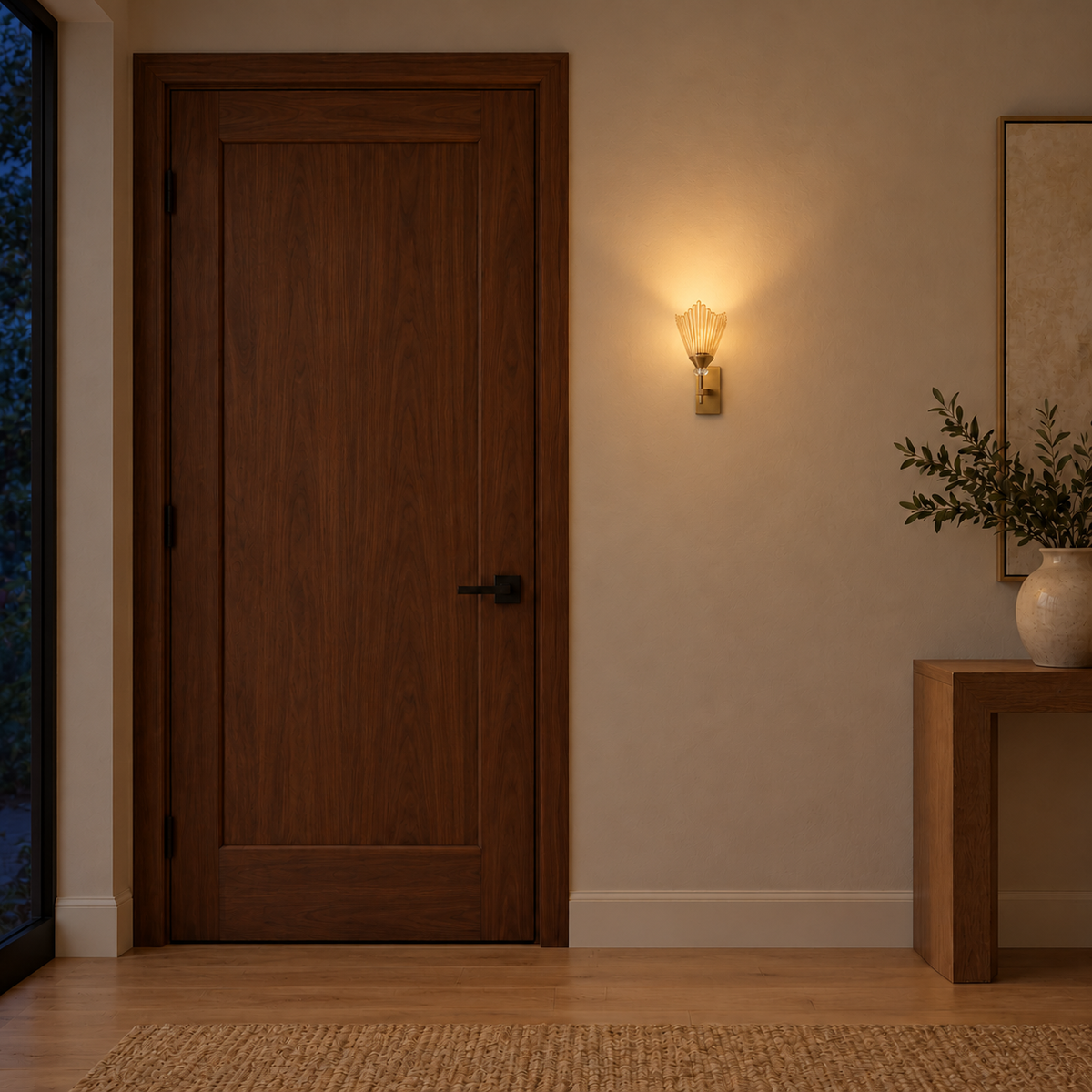 Fluted amber crown wall light illuminated beside a wooden door and console at night.