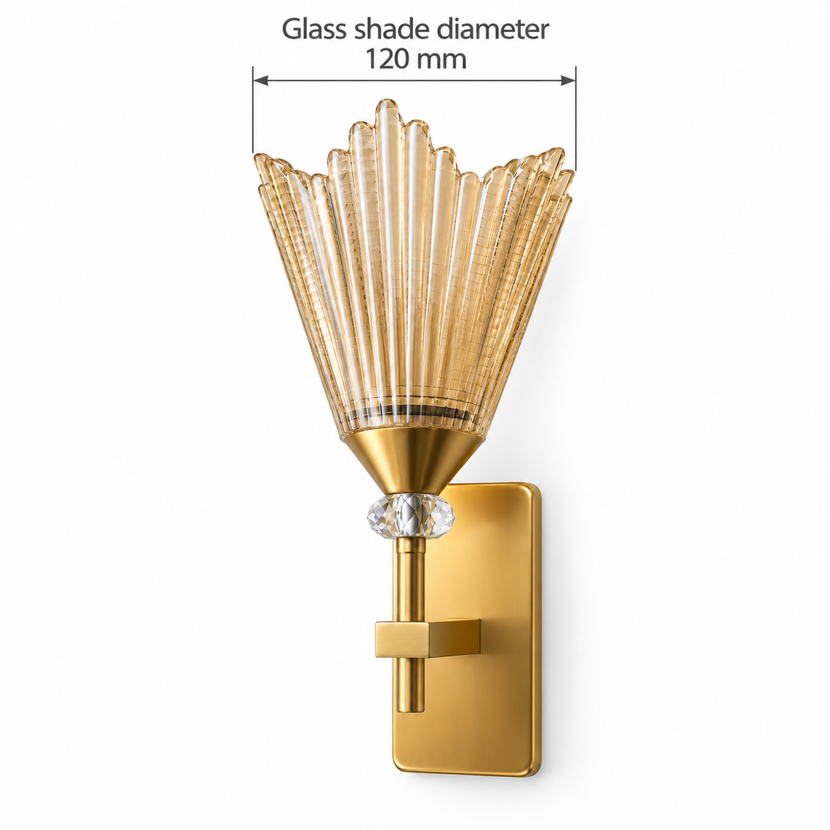 Fluted amber crown wall light dimension diagram showing the glass shade diameter only: 120 mm across the widest upper section.