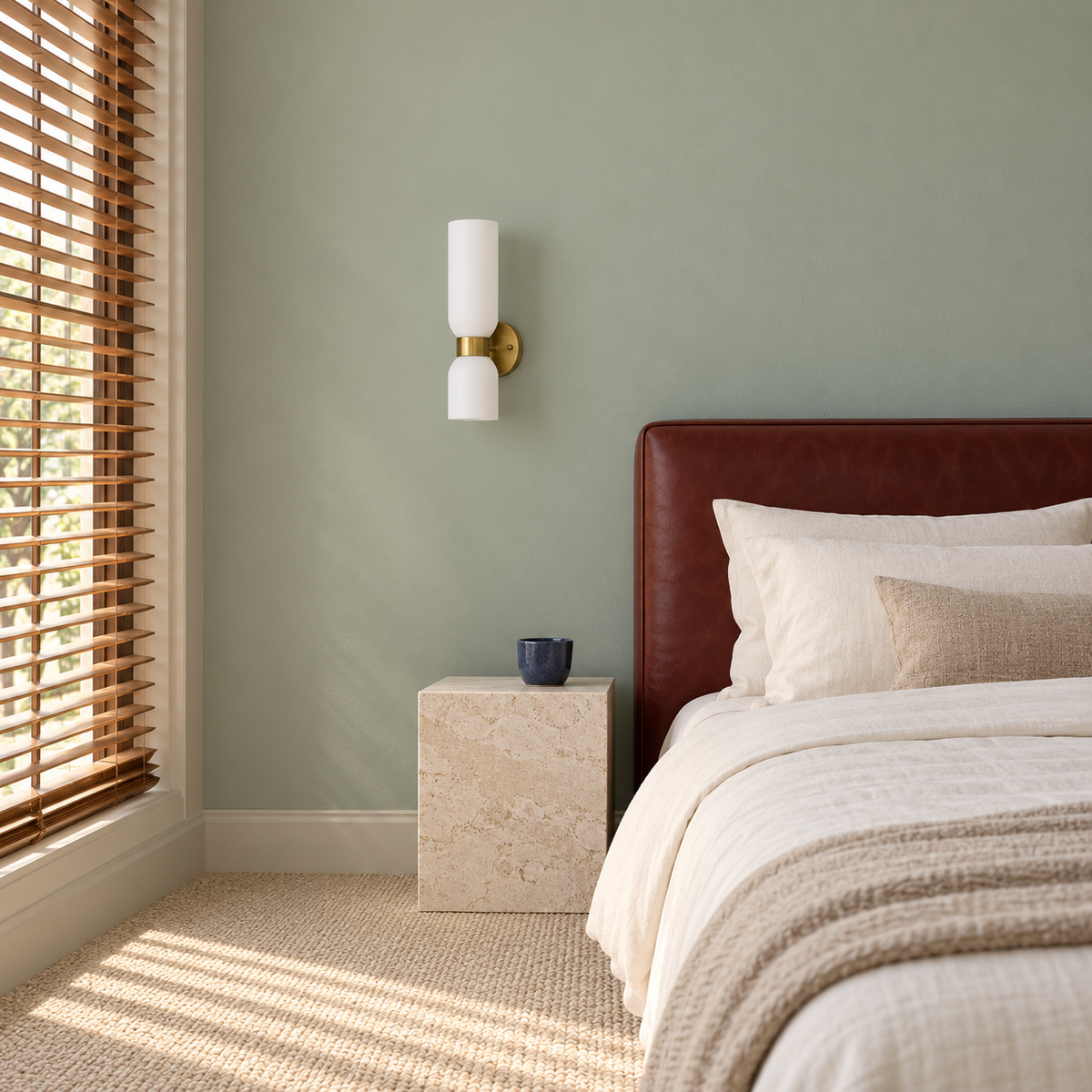 Twin white shade wall light beside a brown upholstered headboard in daylight, switched off