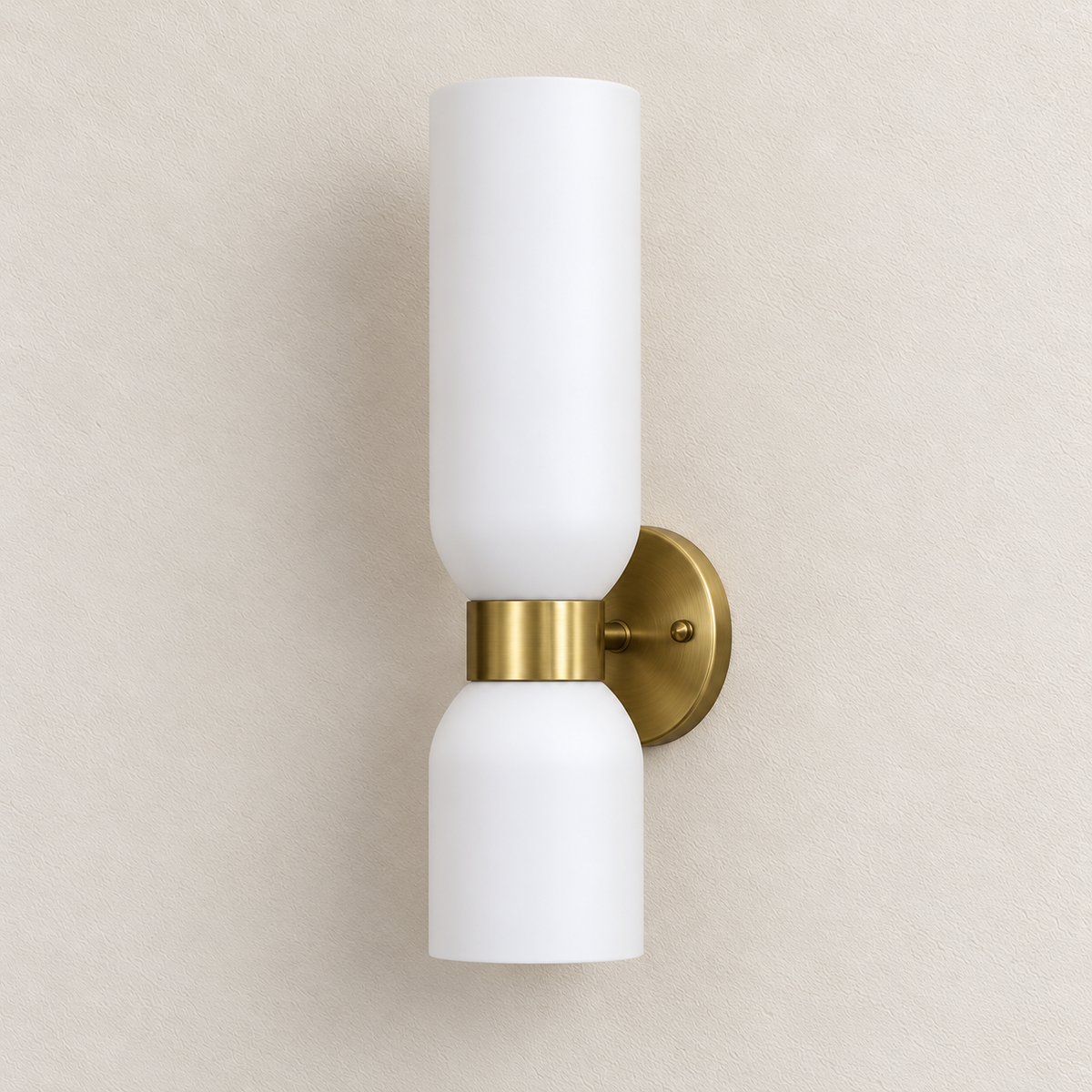 Asymmetric twin white shade wall light with a taller upper shade and shorter lower shade, switched off