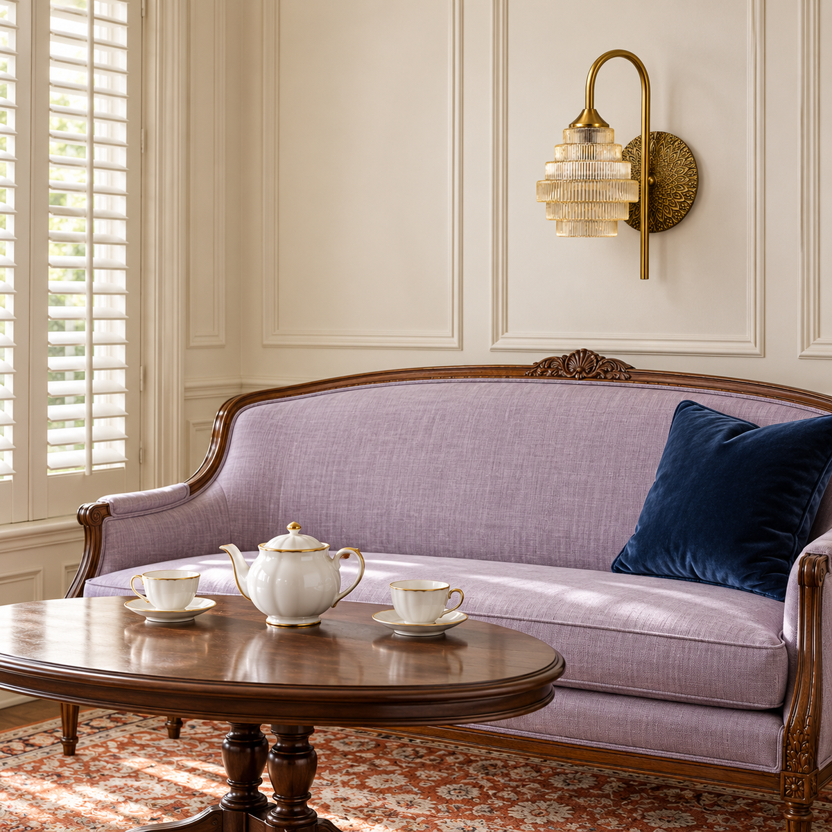 Tiered amber glass wall light above a lavender settee in daylight, switched off