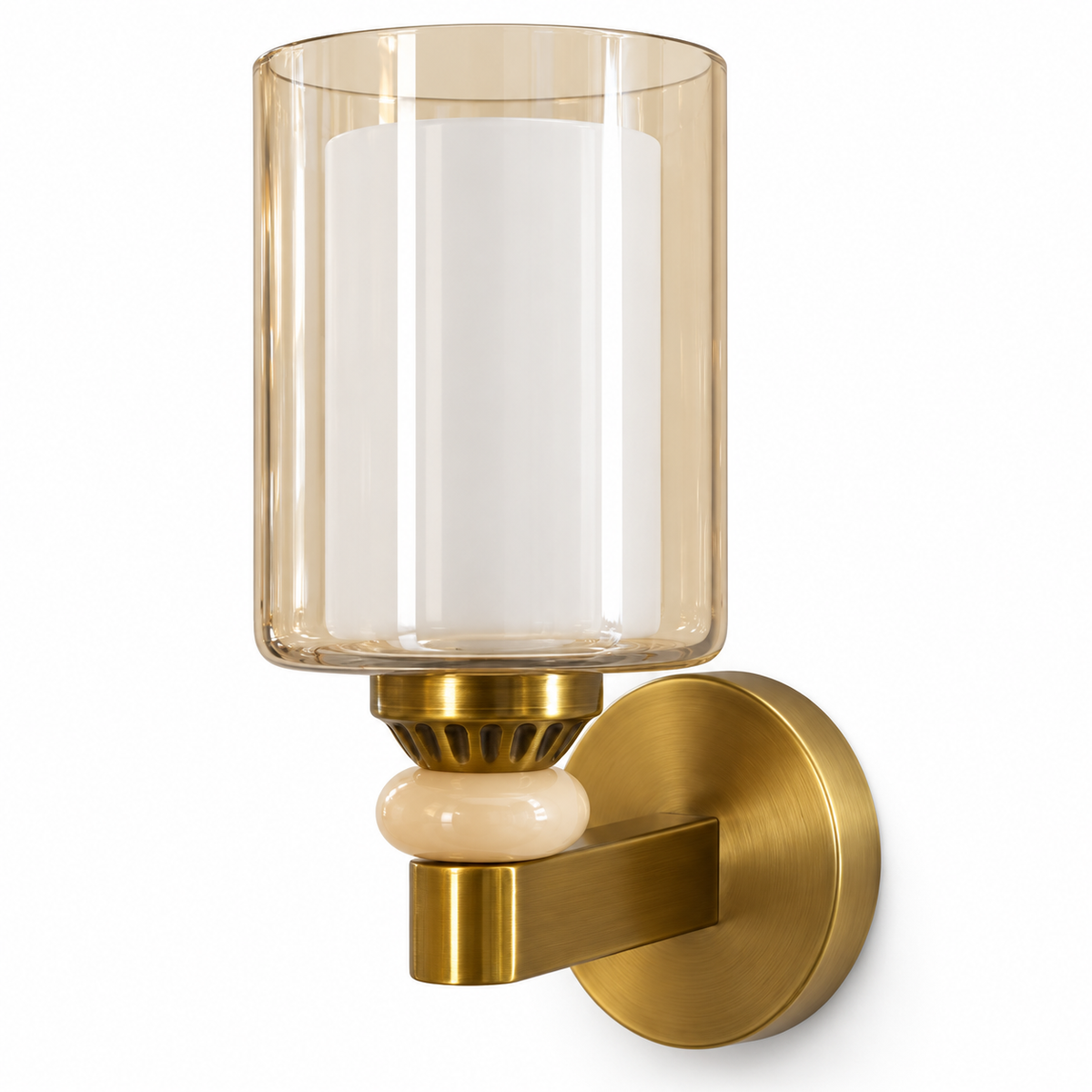 Amber and white glass wall light with a scalloped holder, ivory-coloured bead and round backplate, switched off on a white background.