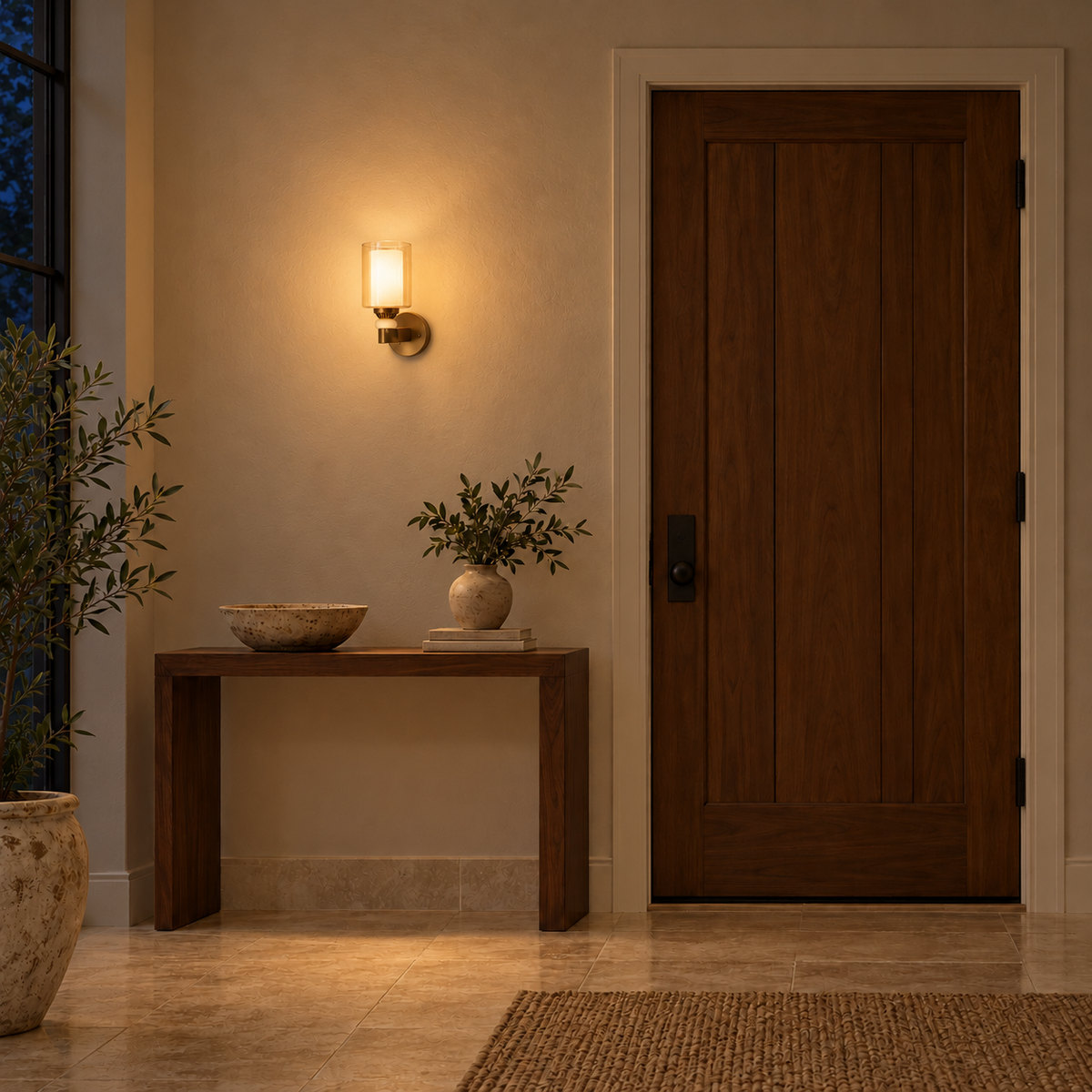 Amber glass bead-accent wall light illuminated above a wooden console beside a wooden door at night.