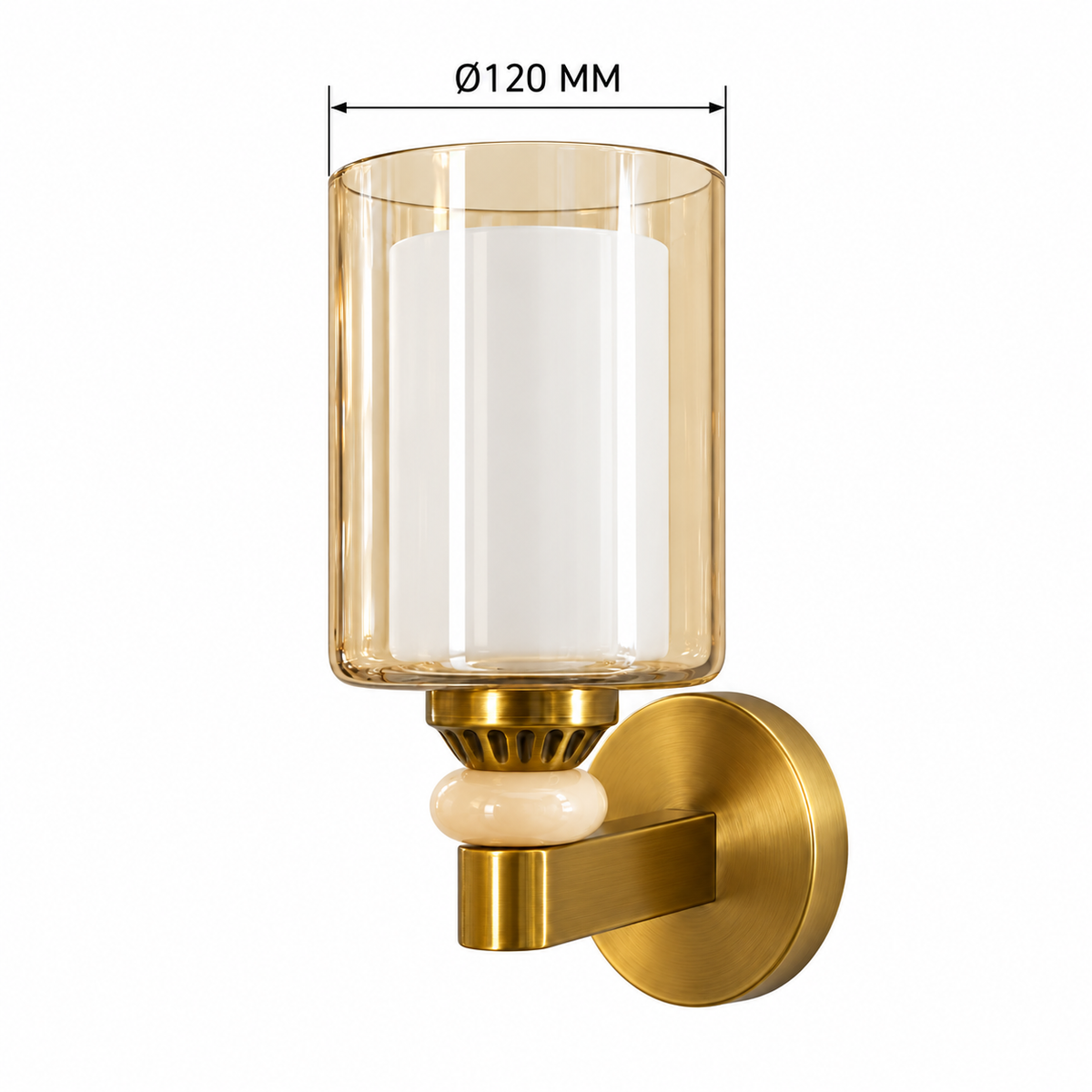 Amber glass bead-accent wall light dimension diagram showing the outer glass shade diameter only: 120 mm.