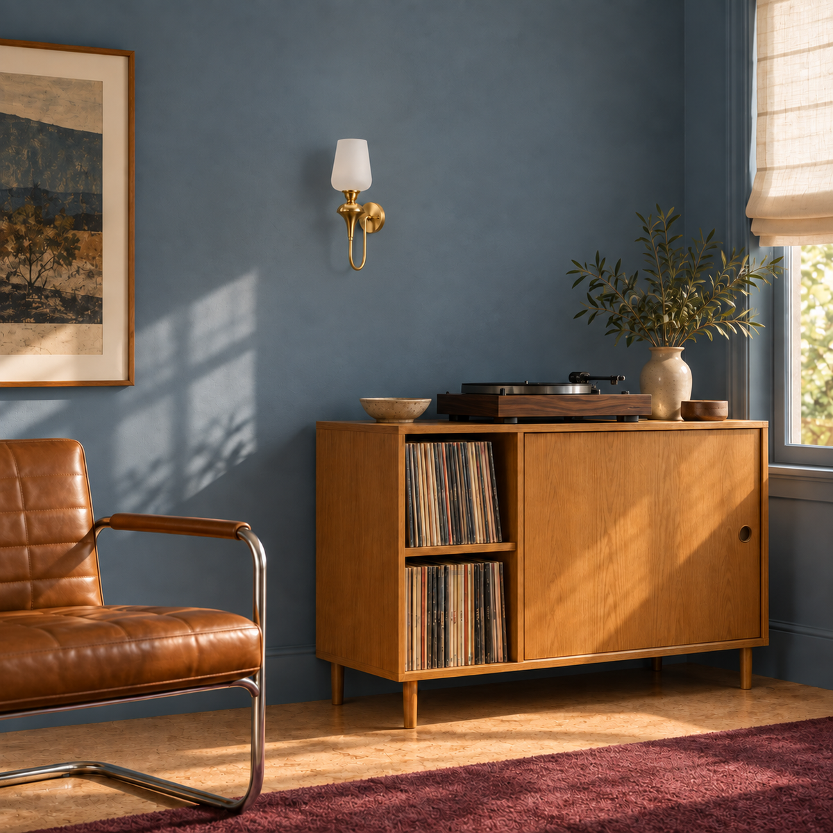 White glass loop-arm torch wall light above a record cabinet in daylight, switched off