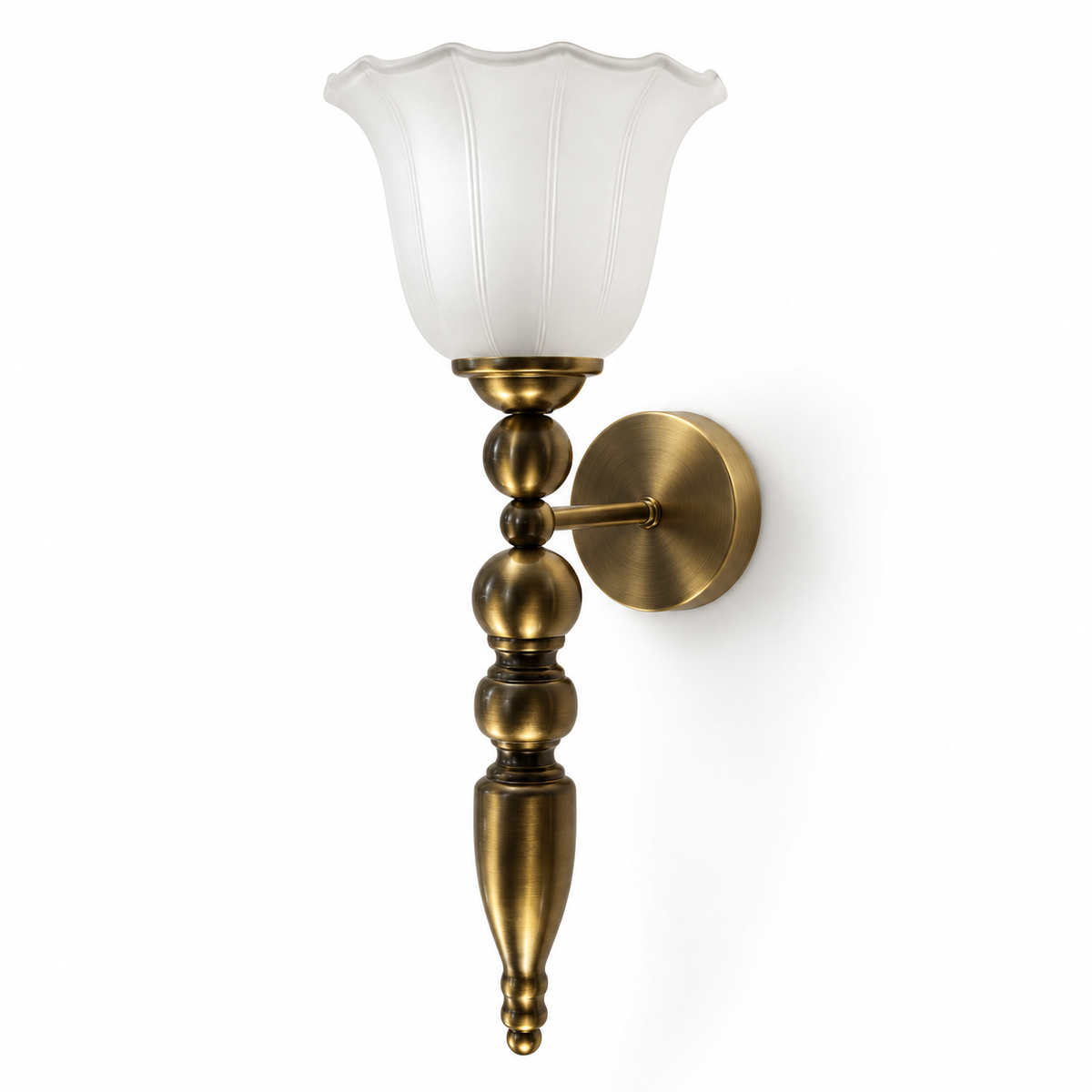 Frosted tulip glass wall light with an ornamental turned stem and round backplate, switched off on a white background.