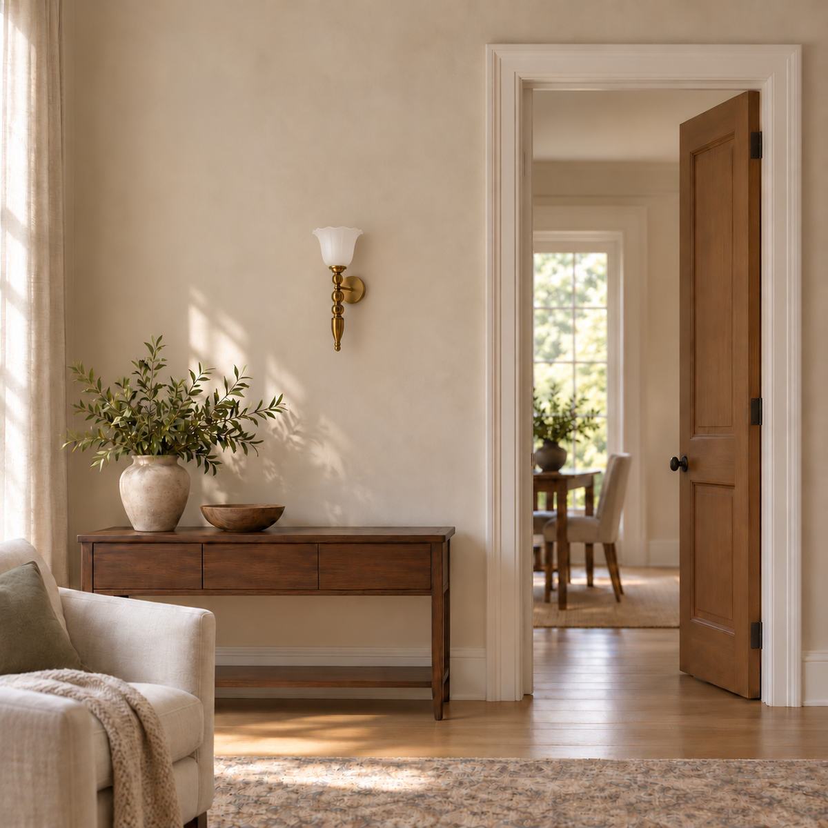 Frosted tulip ornamental wall light switched off above a wooden console beside an open doorway in daylight.