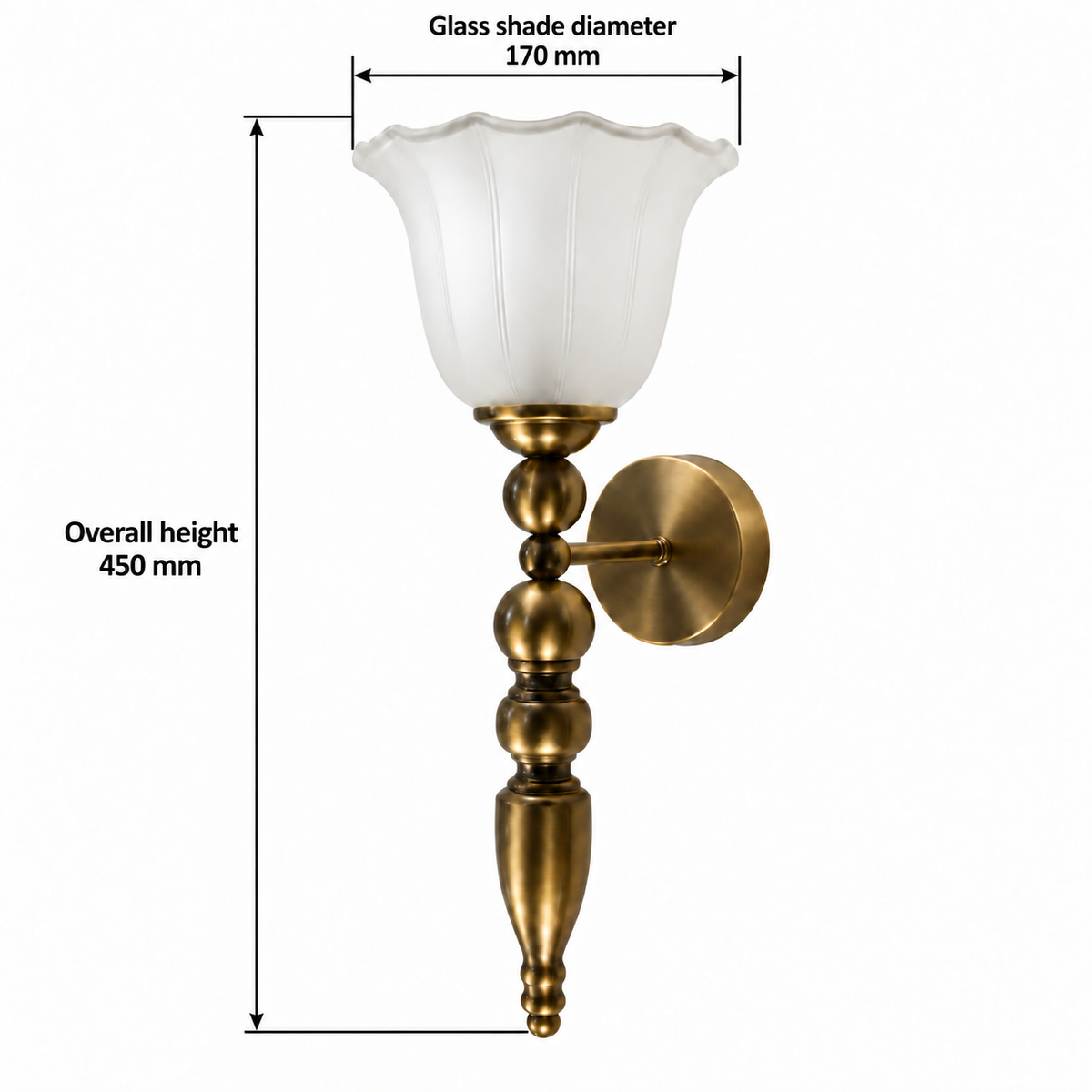 Frosted tulip wall light dimension diagram showing 450 mm overall height and 170 mm glass shade diameter at the widest upper rim.