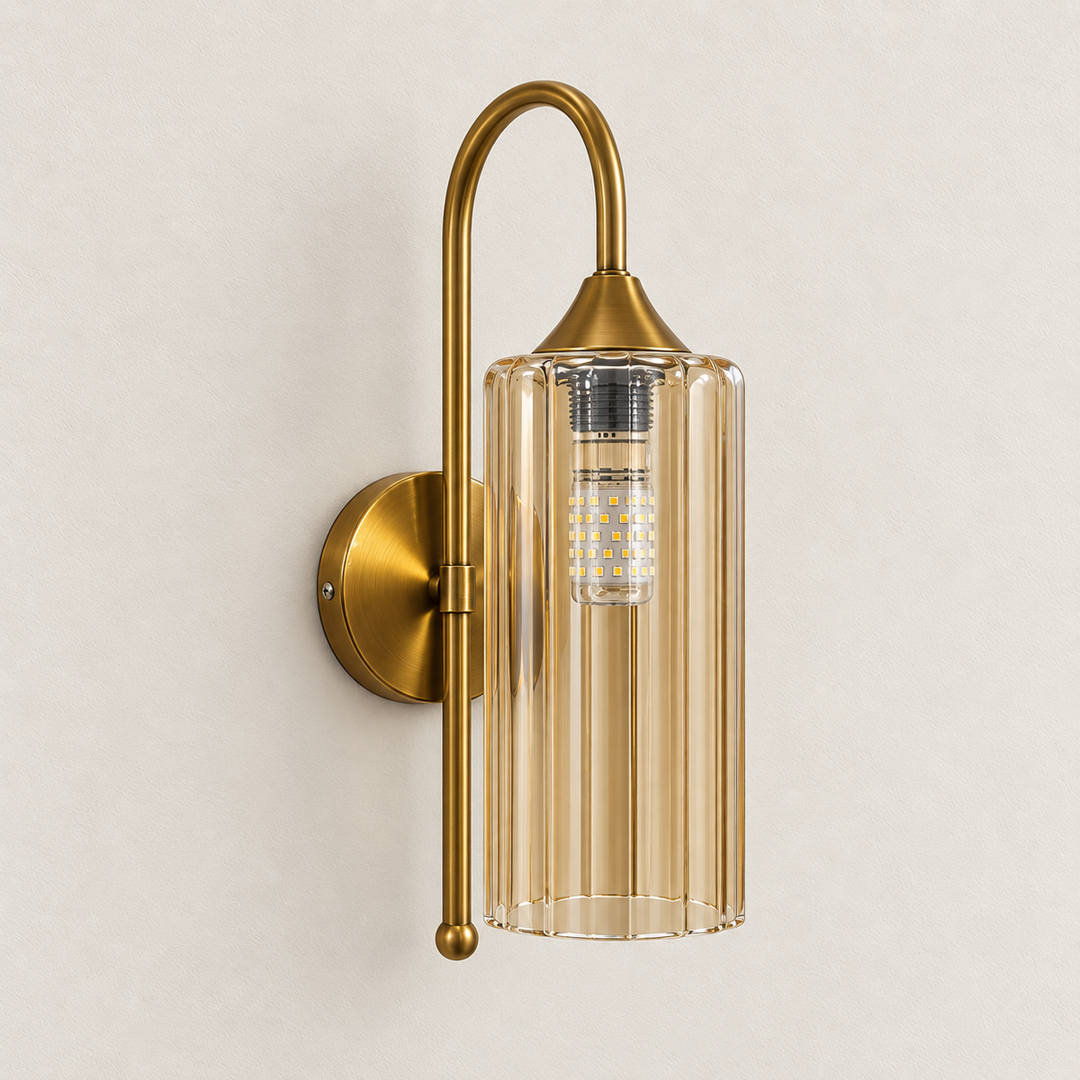 Fluted amber glass wall light with an arched arm and rounded lower finial, switched off