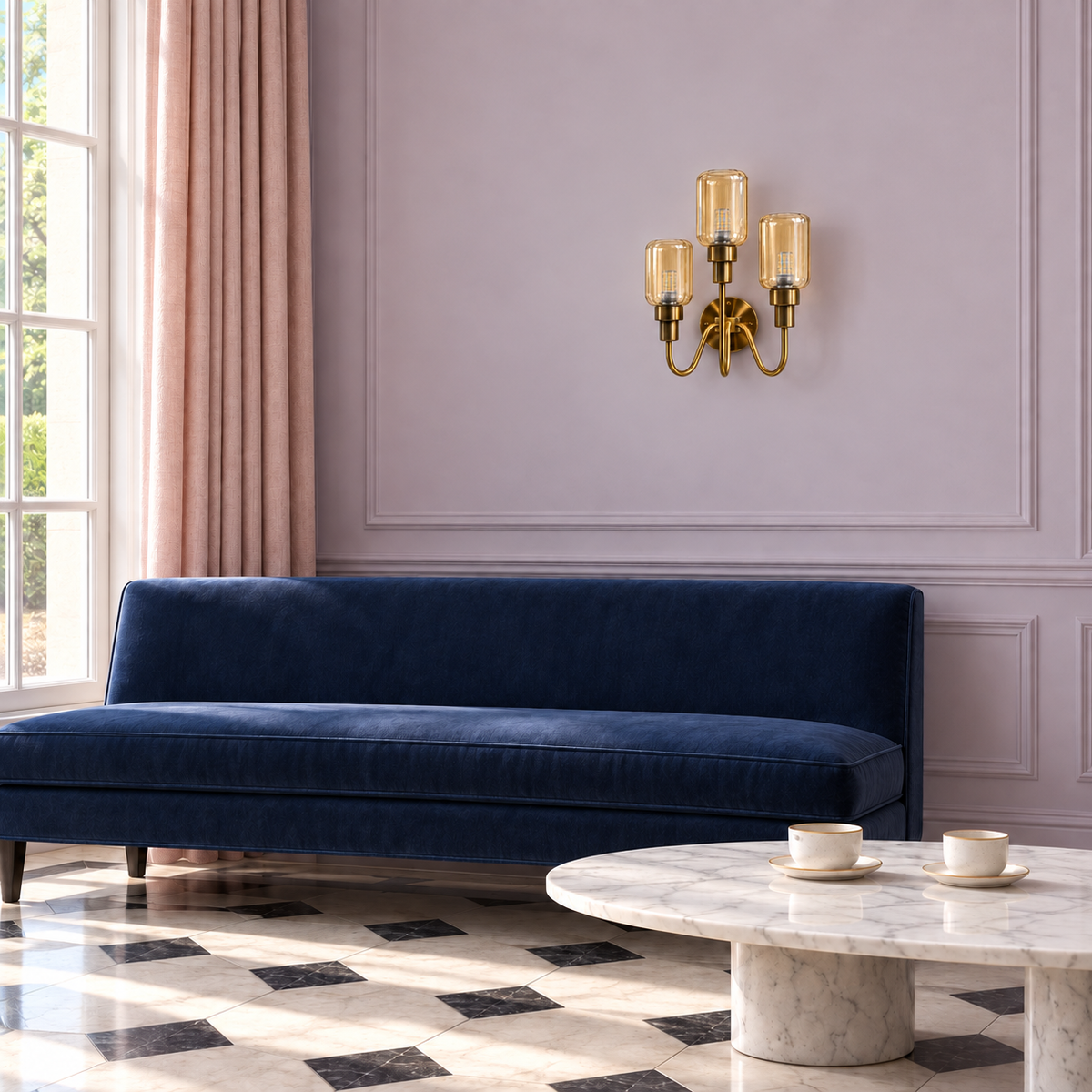 Triple amber glass staggered-arm wall light above a sofa in daylight, switched off