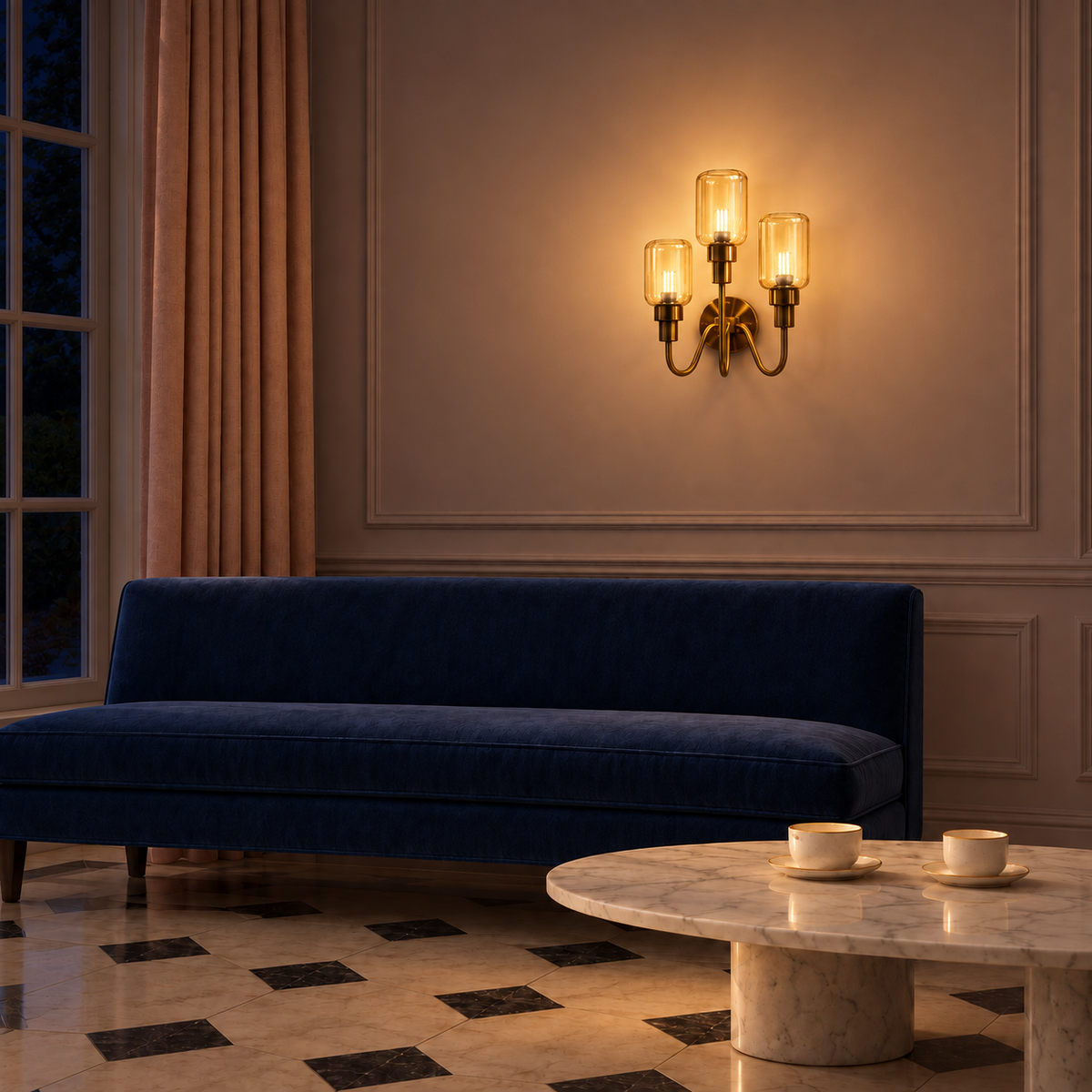 Triple amber glass staggered-arm wall light illuminated above a sofa at night