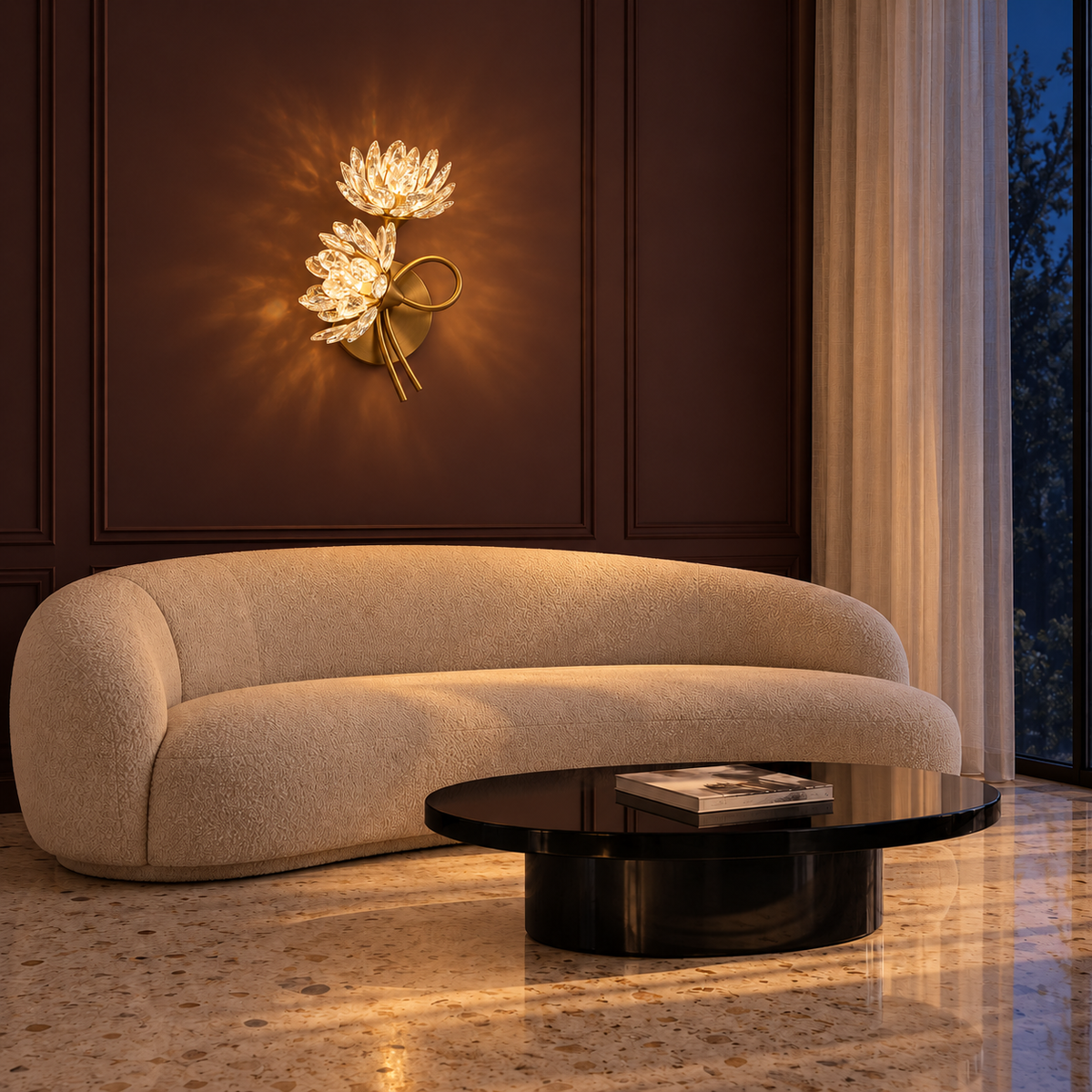 Twin Crystal Flower Loop-Stem Wall Light above a curved sofa illuminated at night