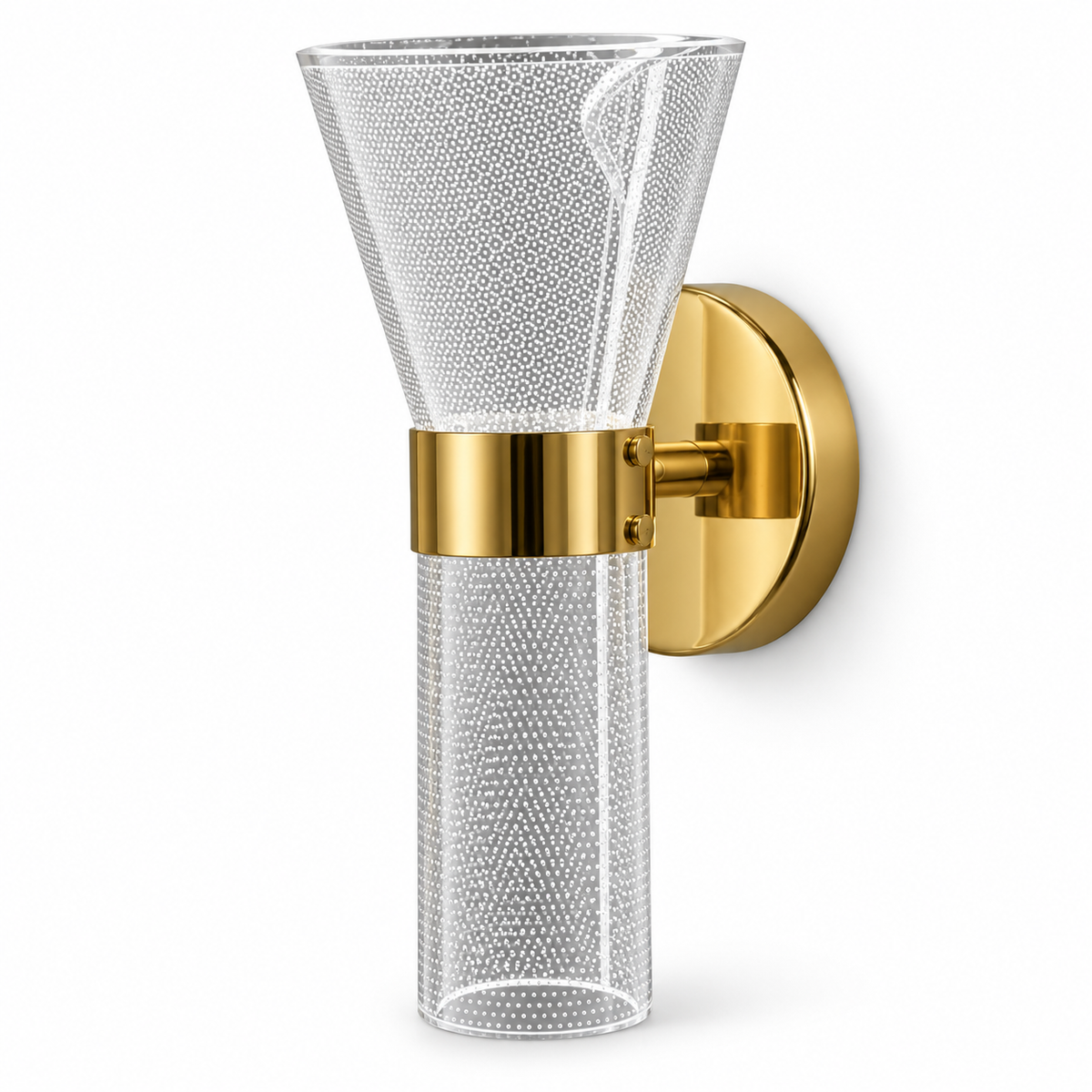 Dotted clear acrylic wall light with a flared upper section, cylindrical lower section and broad centre band, switched off on a white background.
