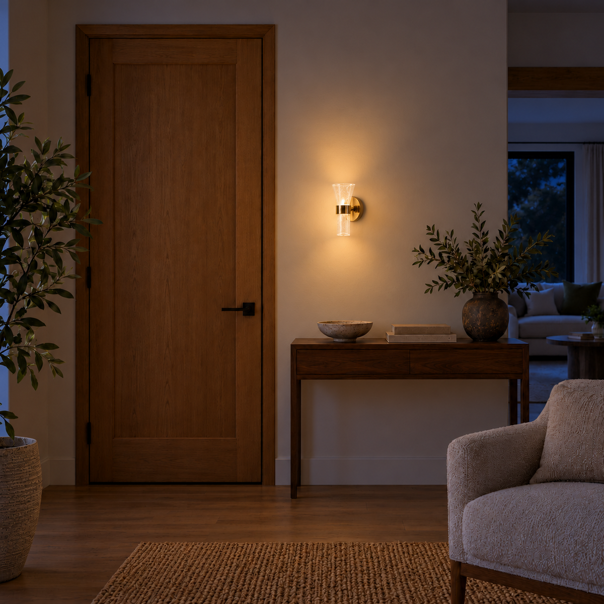 Dotted acrylic trumpet wall light illuminated above a wooden console beside a door and upholstered chair at night.
