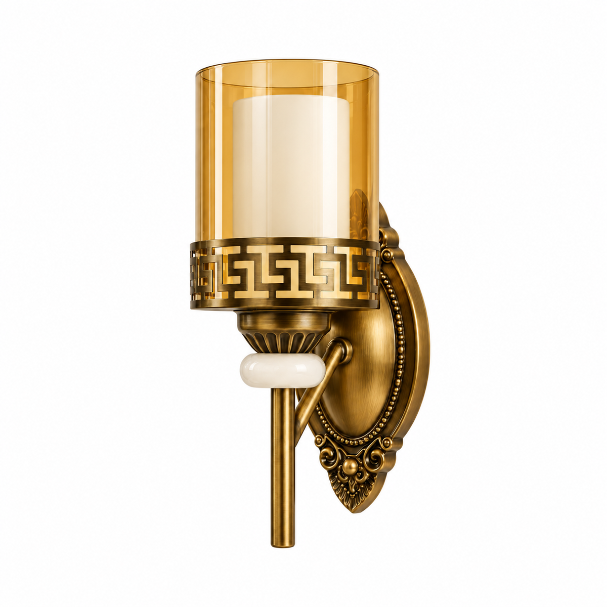 Amber glass wall light with a Greek-key collar, long stem and oval backplate, switched off on a white background.