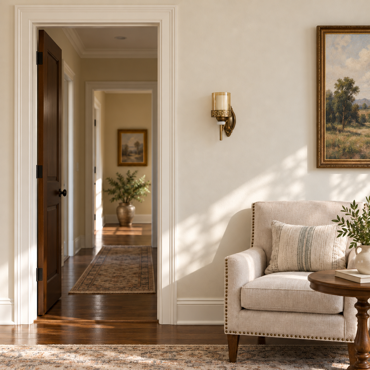 Amber Greek-key stem wall light switched off above an upholstered armchair beside an open doorway in daylight.