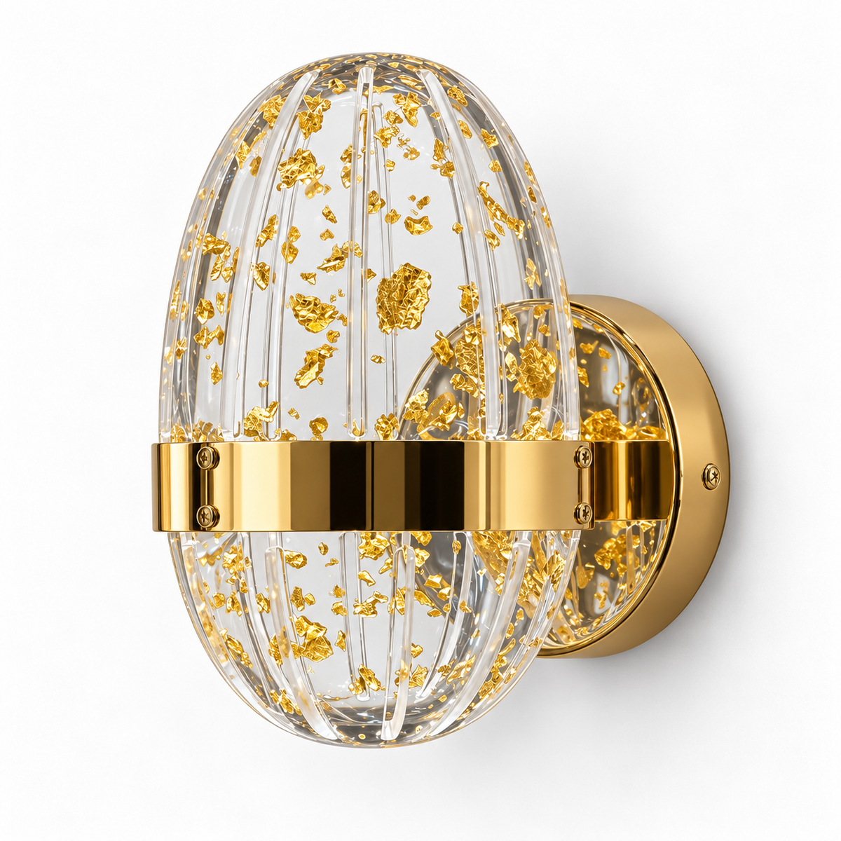 Oval clear acrylic wall light with golden-coloured flakes, a reflective centre band and round backplate, switched off on a white background.