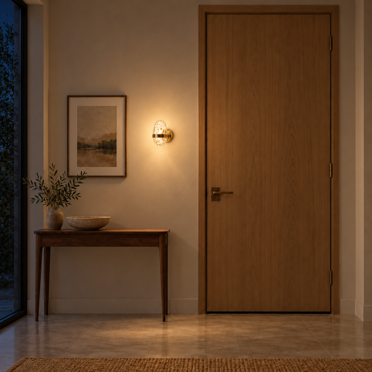 Golden-flake acrylic oval wall light illuminated beside framed artwork and above a wooden console near a door at night.