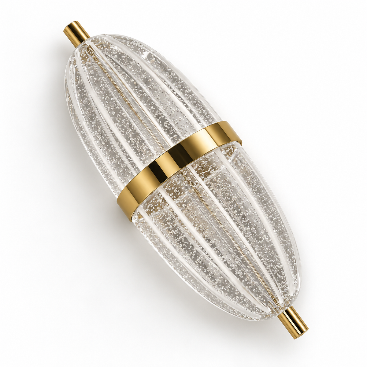 Clear bubble-textured acrylic capsule wall light shown diagonally with a metallic centre band and end pins, switched off on a white background.
