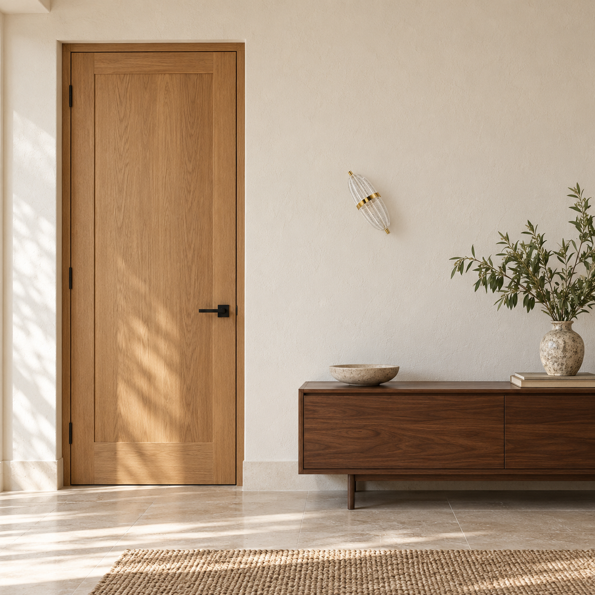 Bubble acrylic capsule wall light switched off on a diagonal above a wooden cabinet beside a wooden door in daylight.