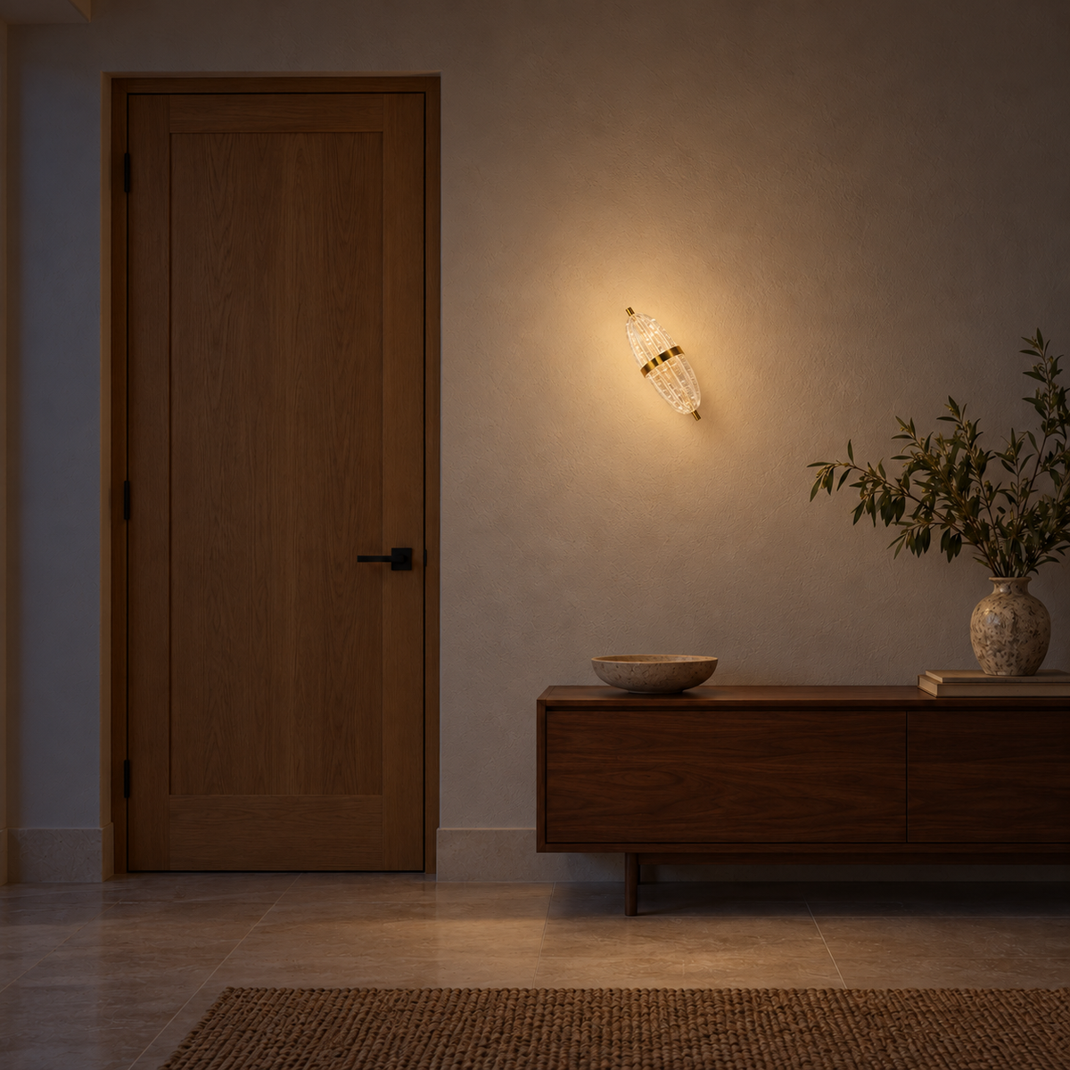 Bubble acrylic capsule wall light illuminated on a diagonal above a wooden cabinet beside a wooden door at night.