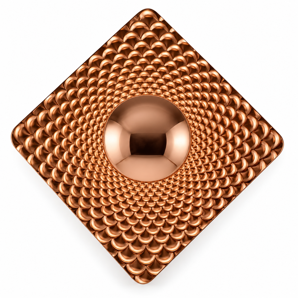 Rose-tone square iron wall light with dimpled texture and a smooth domed centre, switched off against a white background