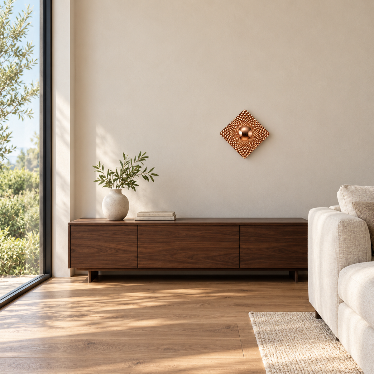 Rose-Tone Dimpled Square Wall Light above a low wood sideboard beside an upholstered sofa in daylight, switched off