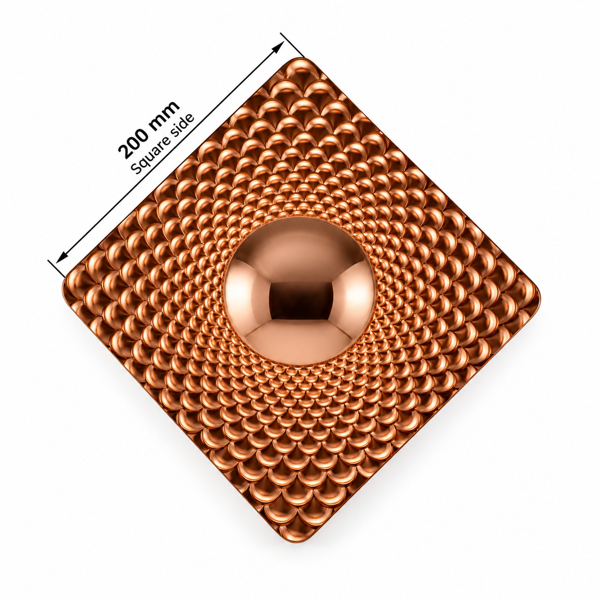Rose-tone dimpled square wall light in diamond orientation with a 200 mm square-side measurement along one sloped edge