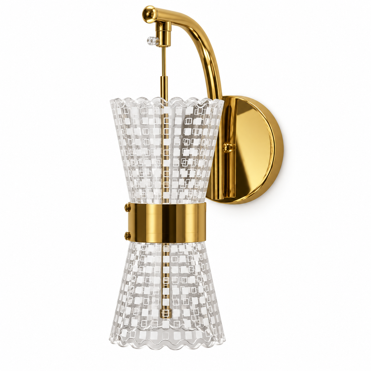 Checkerboard-patterned acrylic hourglass wall light with a reflective centre band, curved arm and round backplate, switched off on a white background.