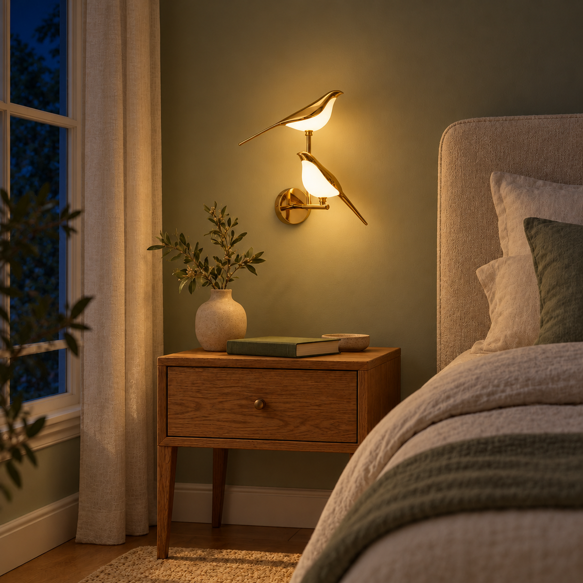 Twin Bird Acrylic Wall Light illuminated above an oak bedside table beside an upholstered bed at night