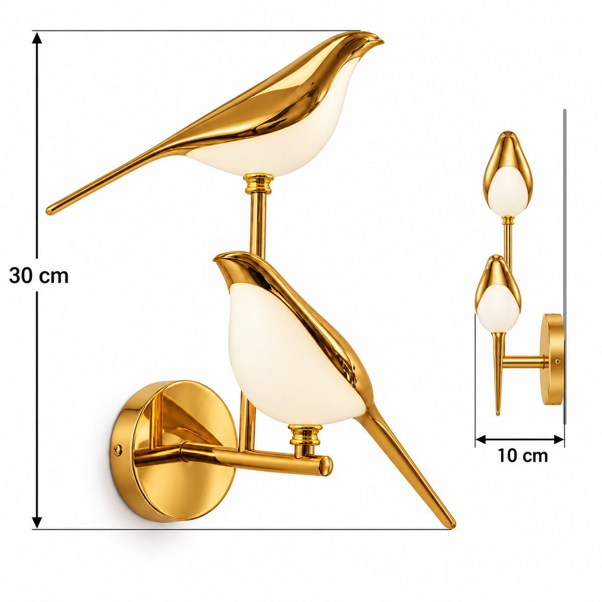 Twin Bird Acrylic Wall Light dimension guide showing 30 cm overall height and 10 cm wall projection in a side-view inset; the 10 cm measurement is not front width
