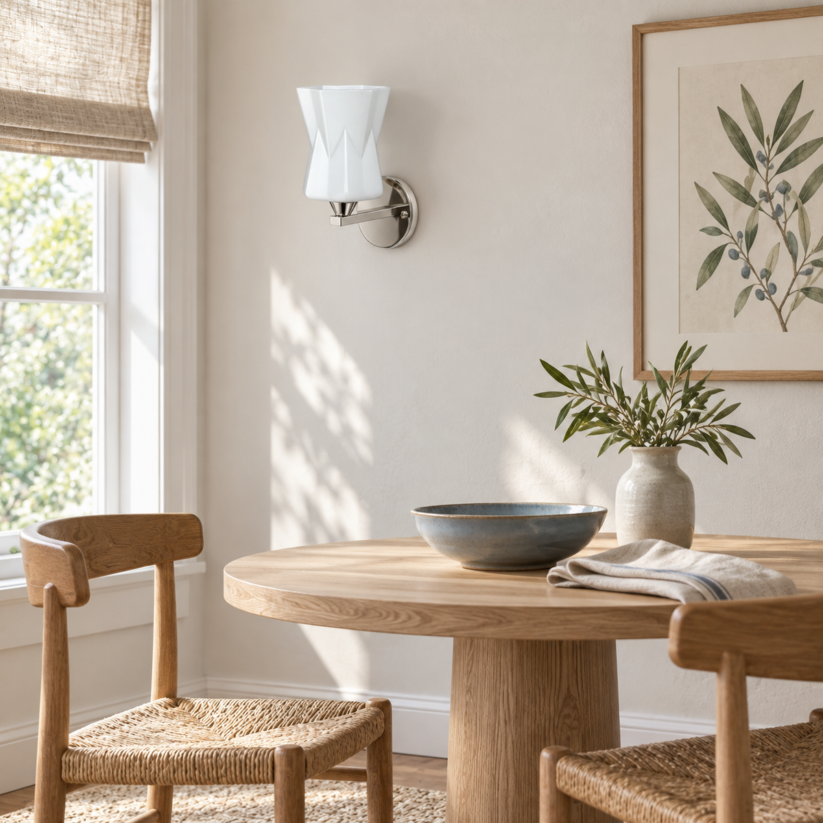 Faceted Hourglass Glass Wall Light above a round dining table beside framed botanical artwork in daylight, switched off