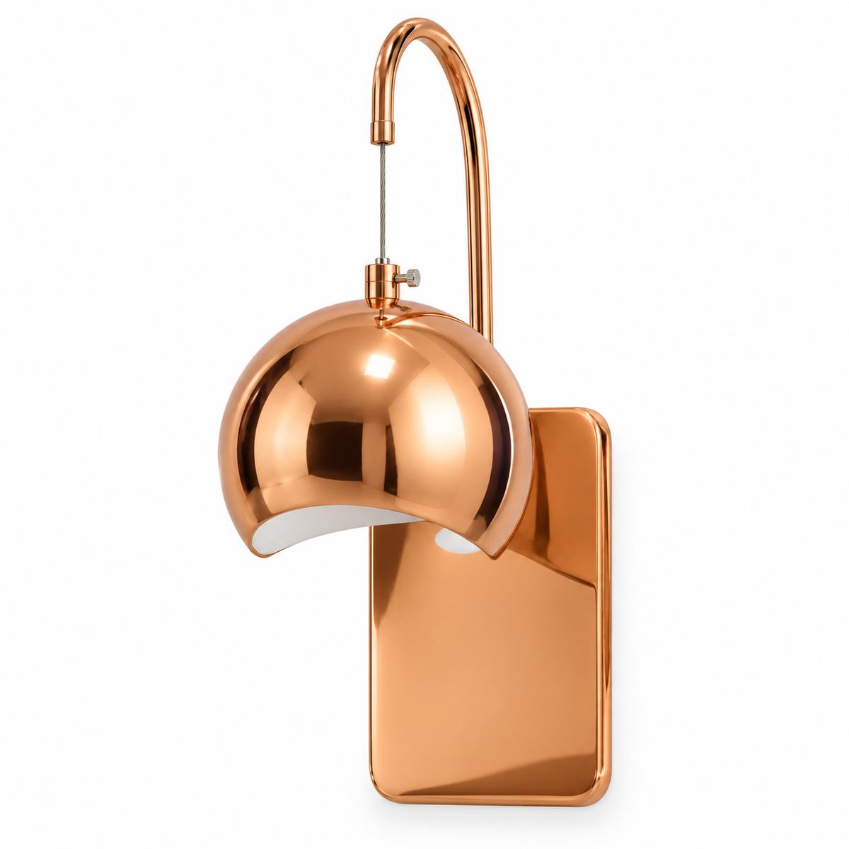 Copper-toned cut-globe wall light with a gooseneck support, slender suspension and rectangular backplate, switched off