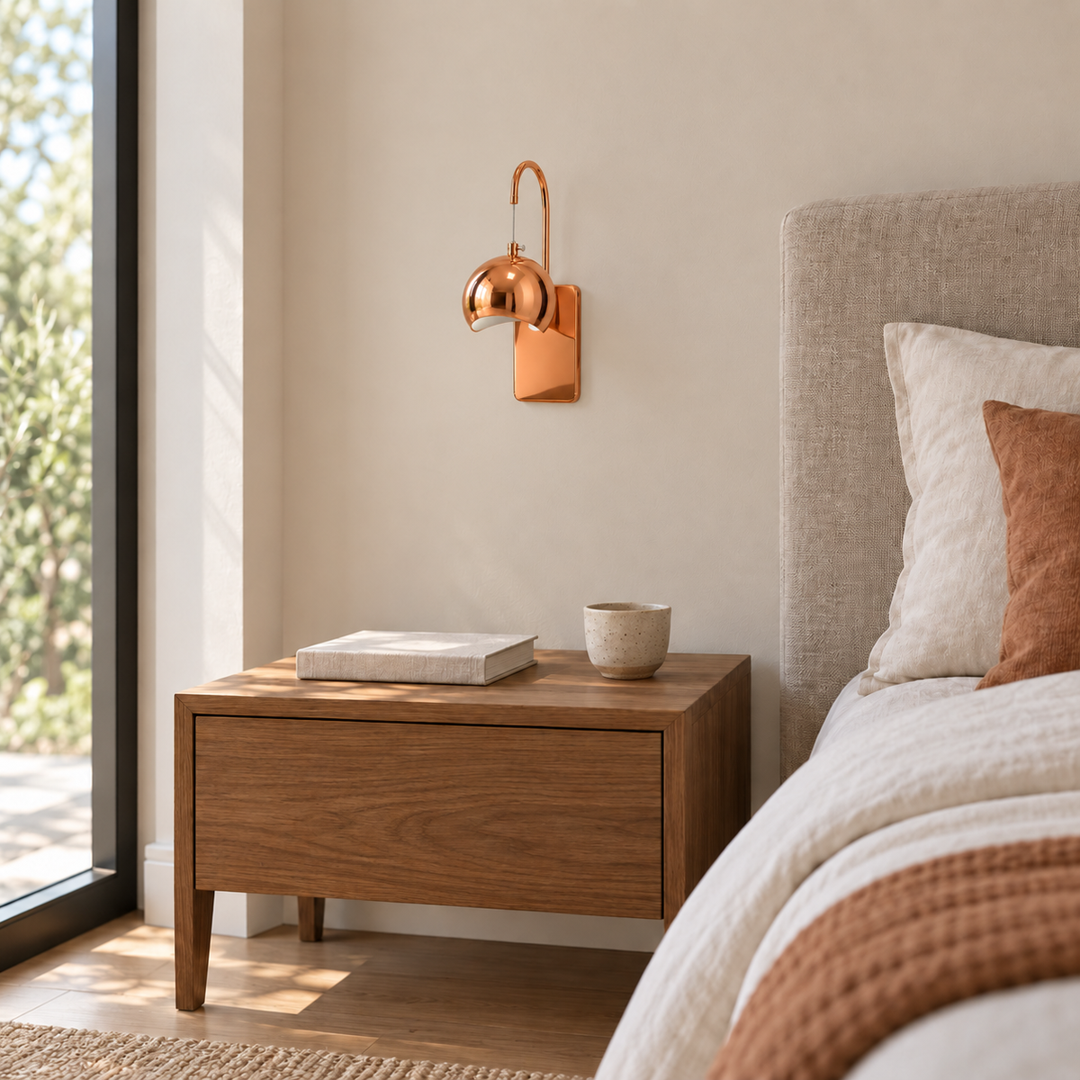 Cut Globe Gooseneck Wall Light installed in a bright interior, switched off