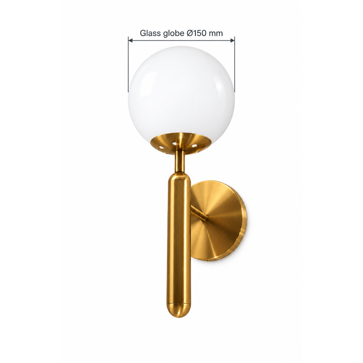 White globe tapered baton wall light dimension diagram showing glass globe diameter 150 mm.