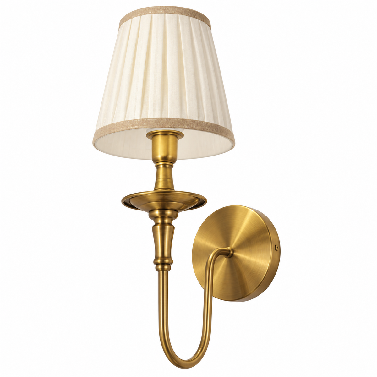 Pleated Loop Arm Wall Light with an off-white pleated shade, gold-tone U-shaped arm and circular wall plate, shown switched off against a white background