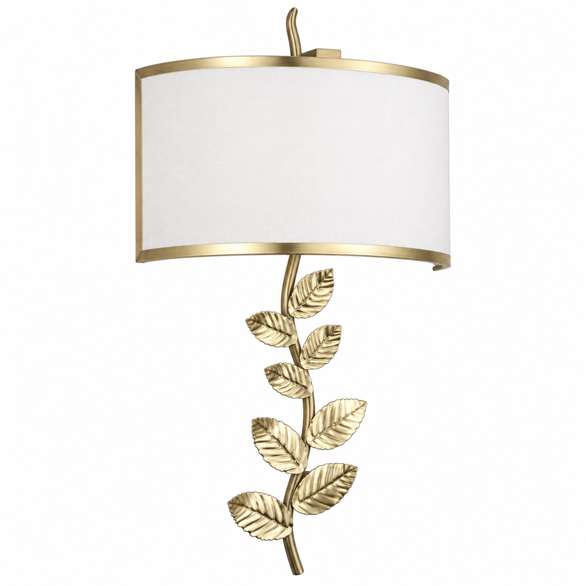 White cloth shade wall light with gold-tone edging and a sculpted leaf stem, switched off against a white background
