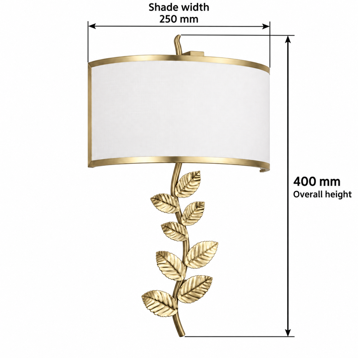 Botanical leaf shade wall light dimension guide showing shade width 250 mm and overall stem-tip-to-tip height 400 mm