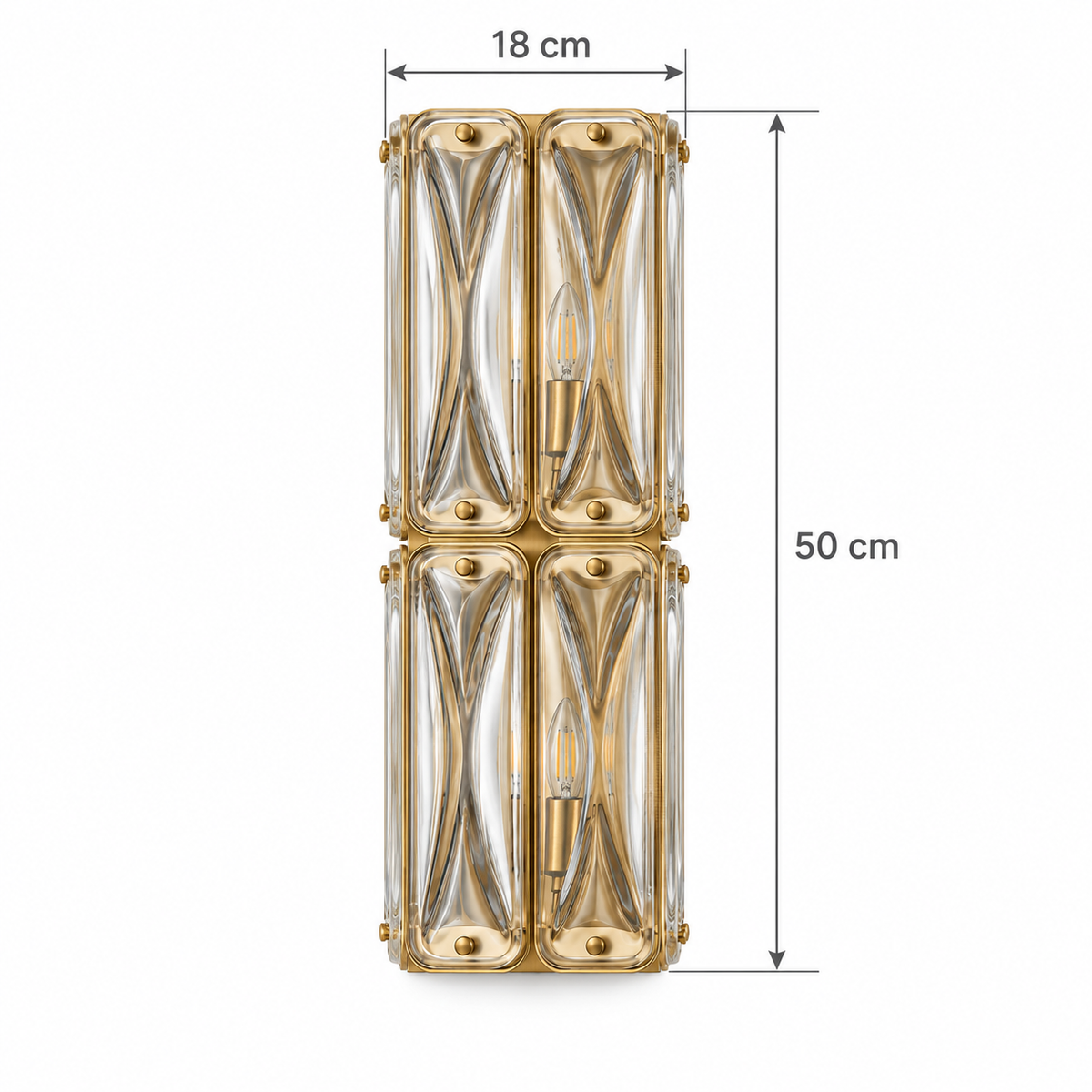 Double Tier Sculpted Glass Wall Light dimension guide showing an outer glass envelope 18 cm wide and 50 cm high, with tiny side studs excluded from the width
