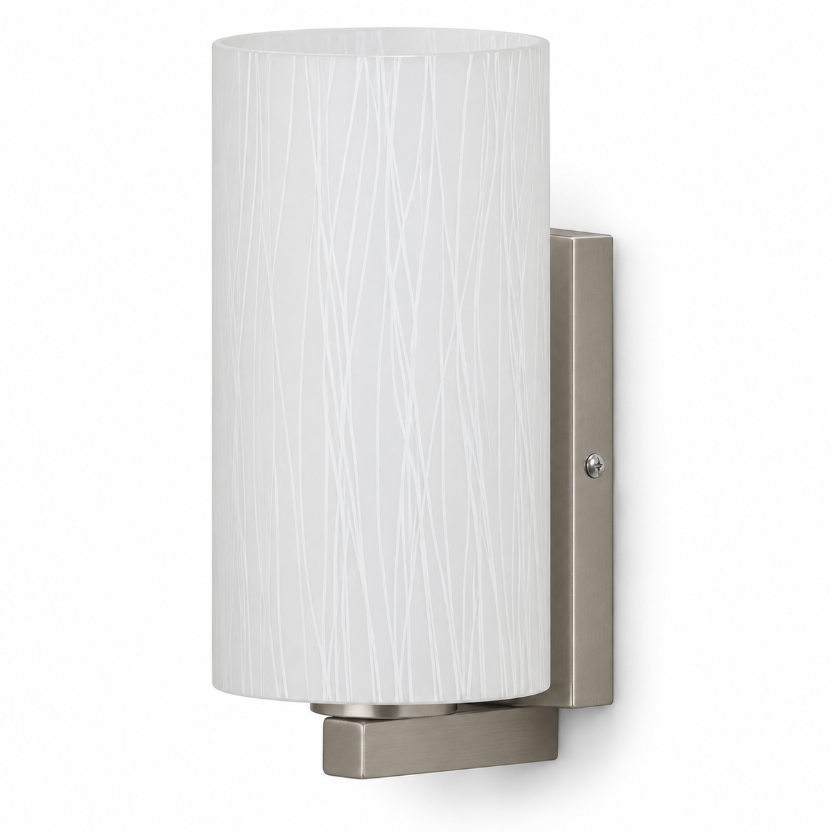 White fine-line glass cylinder wall light with a rectangular satin-finish backplate, switched off against a white background