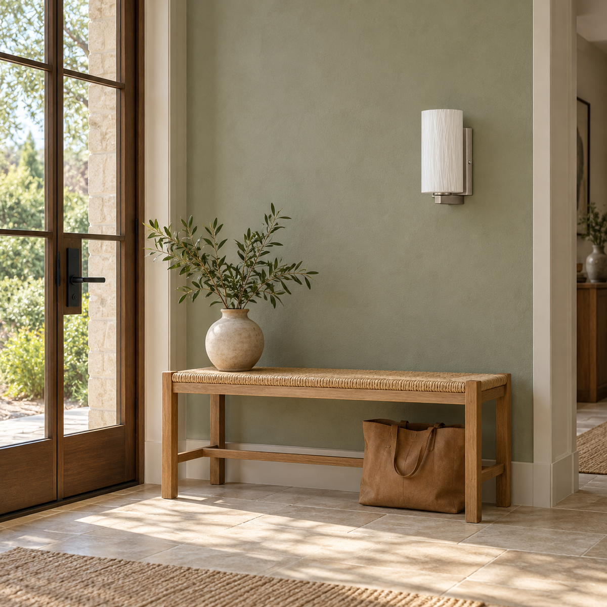 Fine Line Glass Satin Wall Light above a wood entry bench near a glazed door in daylight, switched off